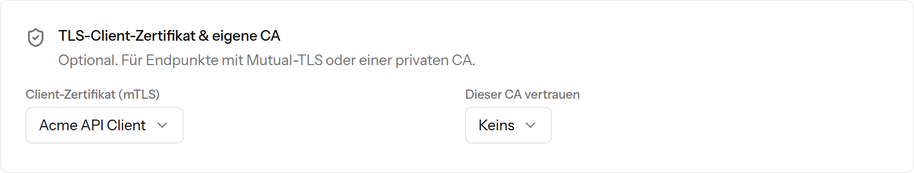 Der Abschnitt TLS-Client-Zertifikat und eigene CA im HTTP-Check mit zwei Auswahlfeldern