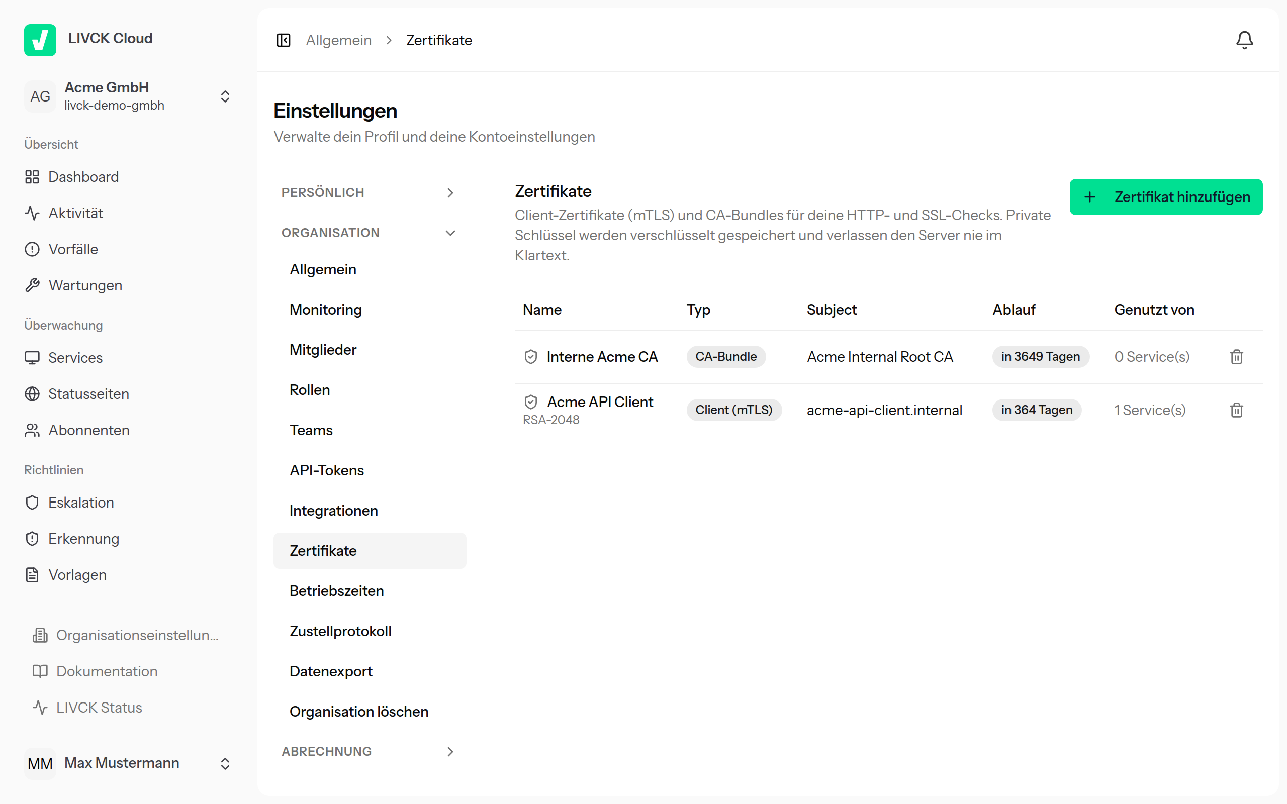 Die Zertifikate-Übersicht in den Einstellungen mit Name, Typ, Subject, Ablauf und Verwendung