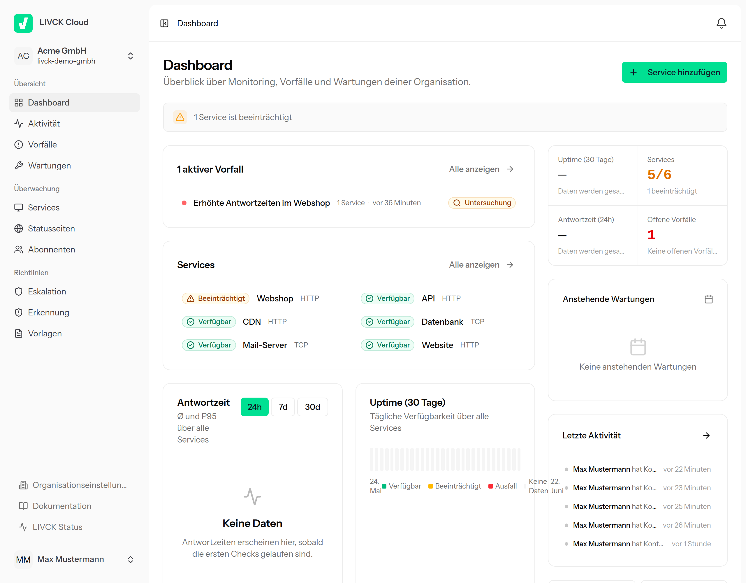 Das LIVCK Cloud Dashboard mit Service-Übersicht, Statistiken und letzter Aktivität