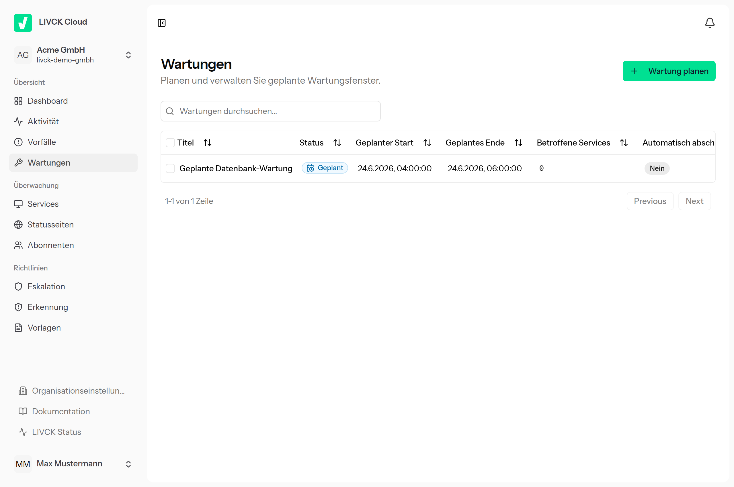 Die Wartungs-Übersicht mit Titel, Status, geplantem Start und Ende sowie betroffenen Services