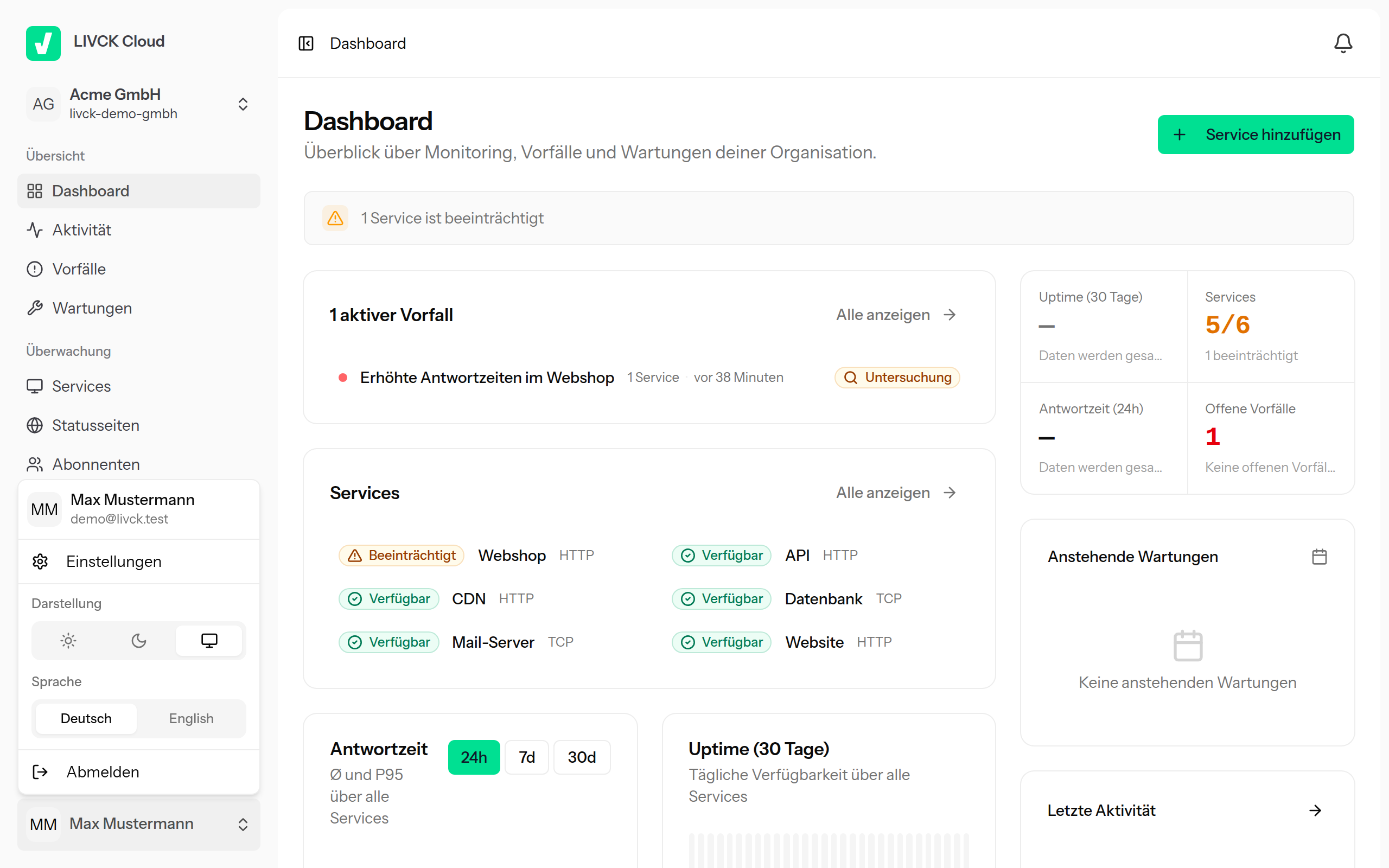 Das Profil-Menü unten links mit den Einträgen Einstellungen, Darstellung und Sprache