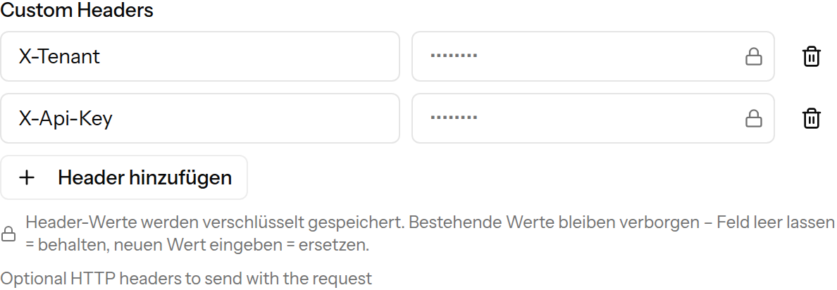 Der Eigene-Header-Editor mit sichtbarem Namen und maskiertem, verschlüsseltem Wert