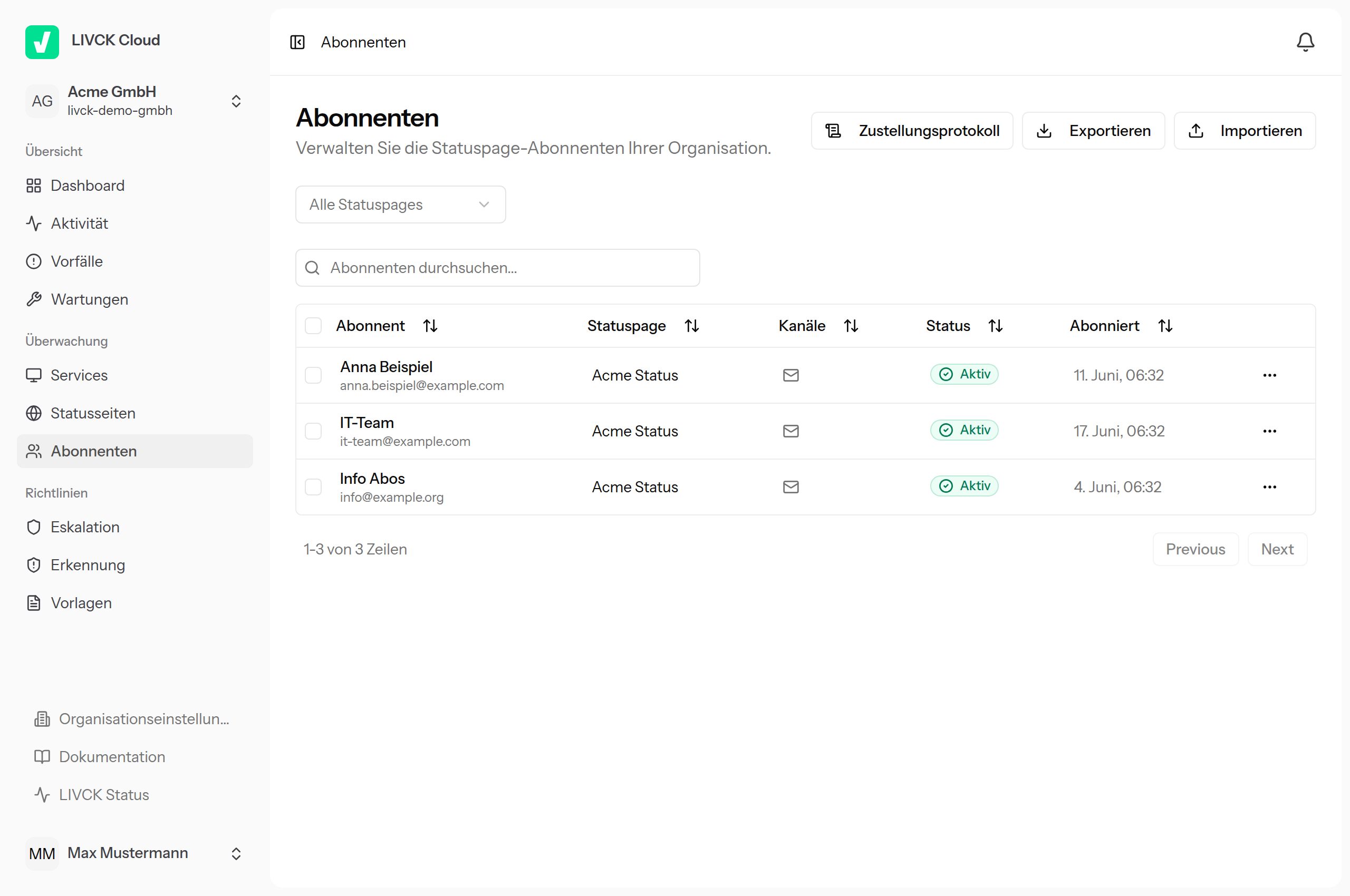 Die Abonnenten-Übersicht mit E-Mail, Statuspage, Kanal, Status und Abo-Datum